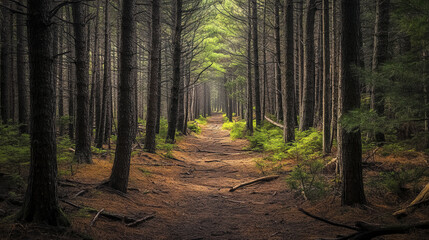 Fototapeta premium serene pine forest path, surrounded by tall trees and soft light