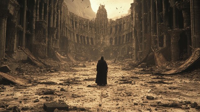 Wrath of the Avenger - Dark Fantasy Warrior Seeking Vengeance in Desolate Courtyard with Arrow Shafts and Burnt Banners | Cinematic Ultra-Detailed Artwork