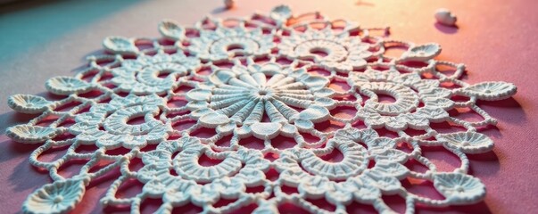 Intricate crocheted lace doily, delicate floral pattern, detail, craft supplies