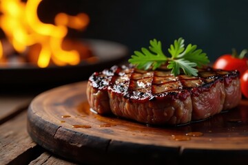 Juicy beef steak with charred edges on a wooden table next to a burning fire, wood, flames