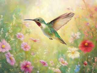 Fototapeta premium Luminous Hummingbird Soaring Through Pastel-Colored Skies Elegantly