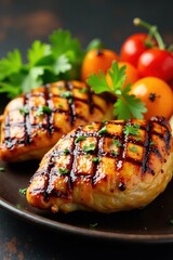 Juicy grilled chicken with assorted grilled vegetables, grilled vegetables, outdoor