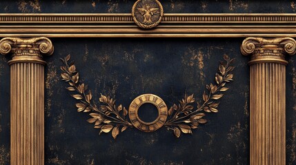 Ornate gold columns, clock, and leaves on dark background.