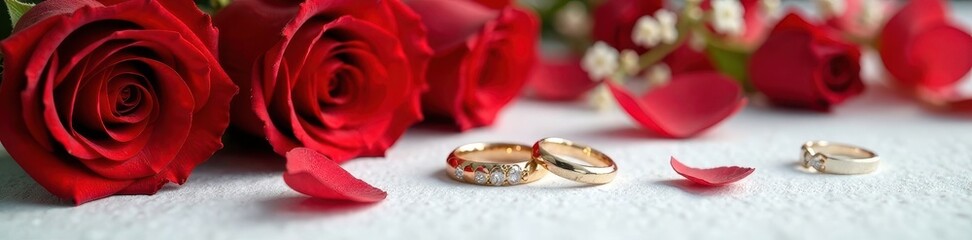 Luxurious red roses and elegant rings on pristine white , luxury, celebration