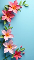 Obraz premium Multicolored paper blossoms, light blue, central empty area, copy space, greeting card