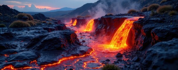 Molten lava's fiery orange cascade across rugged black terrain , landscape, contrast