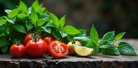 Mysterious herbs blend with juicy tomatoes on ancient stone table, food preparation, herbs