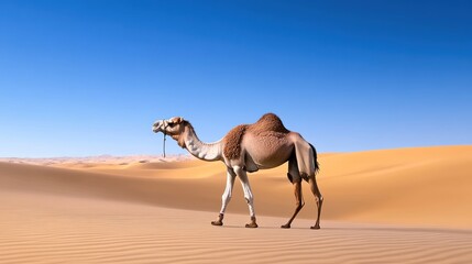 A camel walking through a vast desert landscape under a clear sky.
