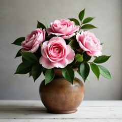 Pink rose and peony arrangement in a rustic wooden vase , roses, rustic