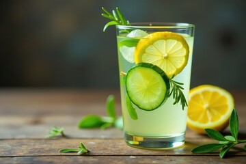 Refreshing glass of infused water with cucumber, rosemary, and lemon slices floating on top, cucumber, rosemary