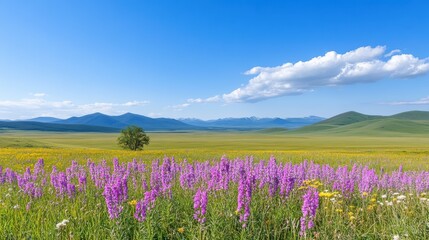 Obraz premium Vibrant wildflower field with majestic mountains in the distance under blue sky