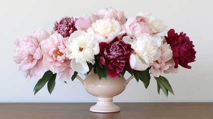 Fototapeta premium Elegant floral arrangement with pink and white peonies in a vase on wooden table