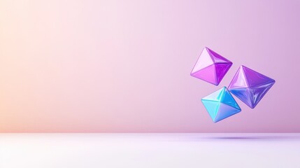 Three colorful geometric shapes floating in a gradient background.