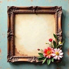 Rustic aged floral frame, wildflower bouquet, textured paper, sketch, country