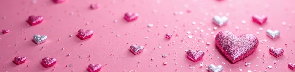 Obraz premium Silver glitter scattered on pink heart shaped backdrop , celebration, shiny
