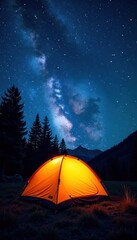 Silhouette of a tent under starry night sky in forest , mountain, hill