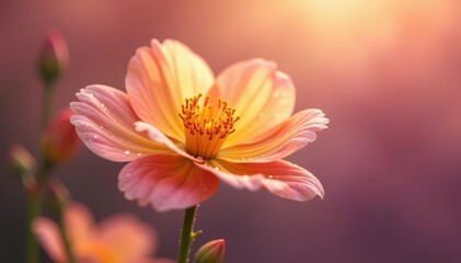 Soft pink misty morning dew on a vibrant yellow flower, pink, fuzzy