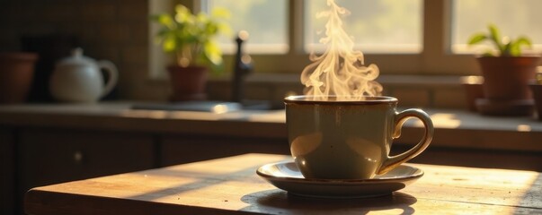 Steaming coffee in a rustic mug, sunlit kitchen, home, americano