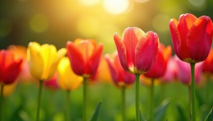 Striking row of colorful tulips, sunlight backdrop , growth, bright