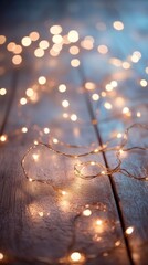 Glowing fairy lights strung together in a garland or string forming a magical and festive backdrop with a warm twinkling bokeh effect  This image evokes a cozy romantic and celebratory mood