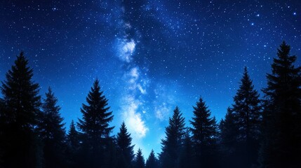 Majestic night sky with stars and milky way over pine forest silhouette