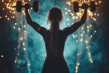 A silhouette of a person lifting dumbbells, with fireworks in the background, symbolizing celebration and effort.