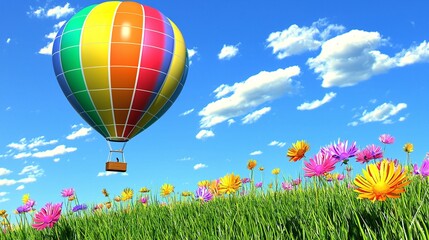 Naklejka premium Colorful hot air balloon soaring over vibrant flower field, sunny sky