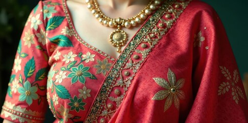 Traditional Indian attire with floral patterns and intricate designs, floral patterns, embroidery