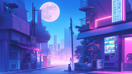 Fototapeta premium 夜の都会と寂れた商店街、自販機のあるイラスト風景