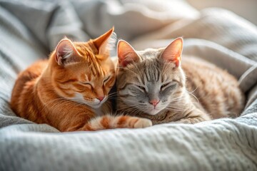 Naklejka premium A cozy nap: a grey and ginger kitten cuddle sweetly on a bed, a heartwarming scene of adorable pet companionship.