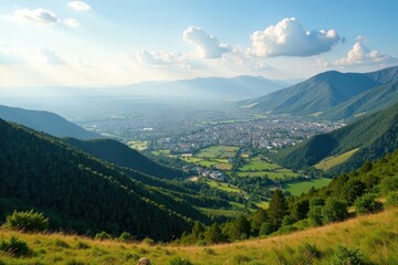 Fototapeta premium Vast landscape with sprawling cityscape in distance, landscape, architecture