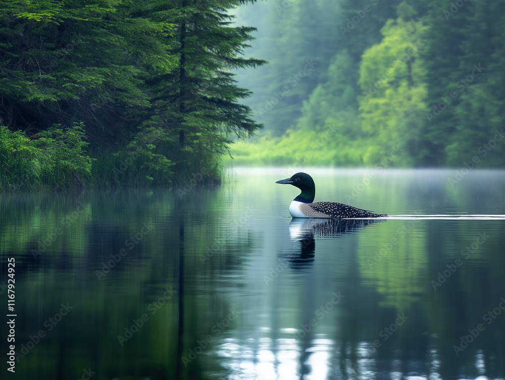 Sticker Vivid Loon Gliding Across a Mirror-Like Lake at Sunset