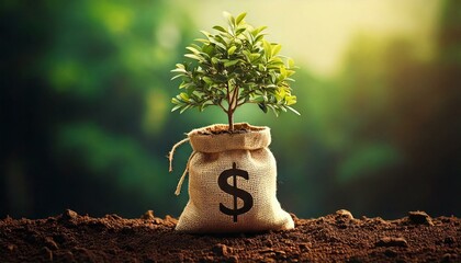 ドルのマークが書かれた袋から成長している苗木 投資の実りを表す