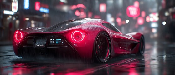 Red sports car in rain at night. (1)