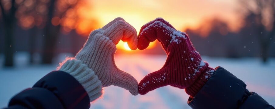 Winter gloved hands form heart, sunset backdrop, winter, stock