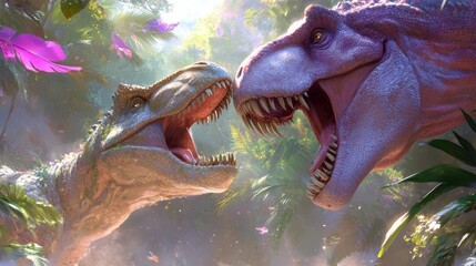 Epic dinosaur clash: two t-rexes roaring in a lush jungle