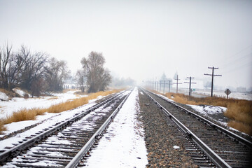 Fototapeta premium Snowy rail way tracks in idaho on a snowy foggy day during winter in eastern idaho