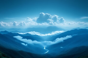 Serene mountain valley with clouds and river at dawn.