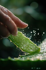 A hand slicing an aloe vera leaf with droplets of water sparkling in sunlight