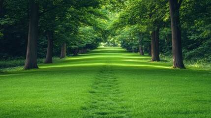 Obraz premium Peaceful forest pathway surrounded by lush greenery under sunlight