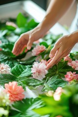 Creating a beautiful floral arrangement with pink flowers and green leaves at a crafting table
