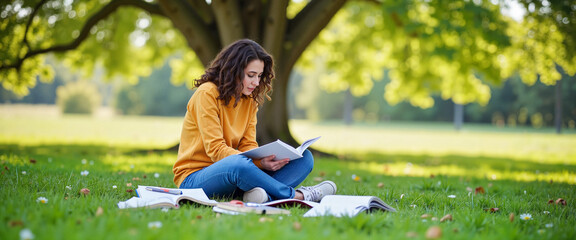 Focused student reading under oak tree in sunny park, exam preparation