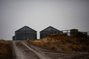 Grail silos outside on the farm during winter