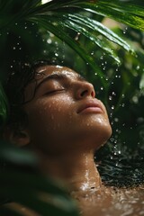 Serene moment of a person embracing nature amidst water droplets in a lush green setting