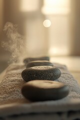Relaxing hot stone therapy with steam rising in a serene wellness environment