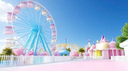 Vibrant amusement park with ferris wheel and colorful attractions on a sunny day