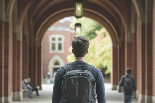 Student walks through brick archway, backpack.
