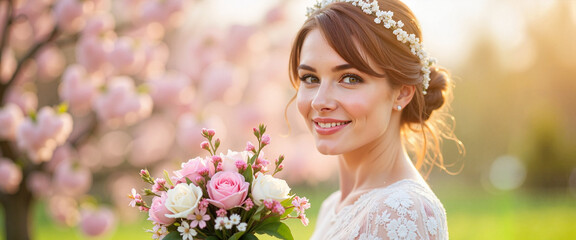 Naklejka premium Smiling bride holding cherry blossom bouquet in spring garden, romance