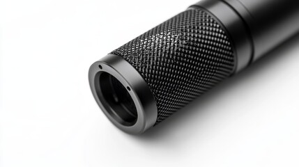 9.A detailed shot of a shotgun microphone, isolated on a white background. The microphone&acirc;&euro;&trade;s matte black body and silver mesh head are captured in sharp focus, emphasizing the fine texture and