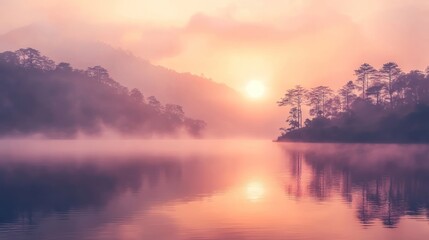 Obraz premium Serene sunrise over a misty lake, reflecting soft hues of pink and orange.